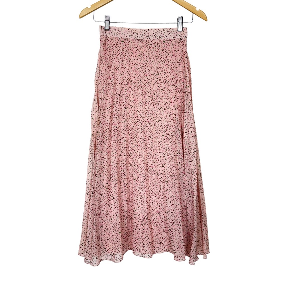 Japna Pink Green Multi Floral Delicate Accordion Pleat Skirt A-Line Midi To Tea